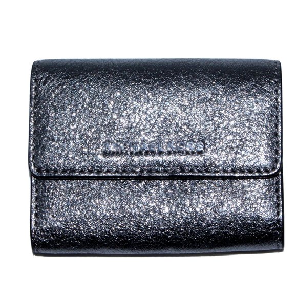 MICHAEL KORS Jet Travel Card Case Wallet MK Metallic Silver Pebble Leather NWOT - Picture 1 of 4